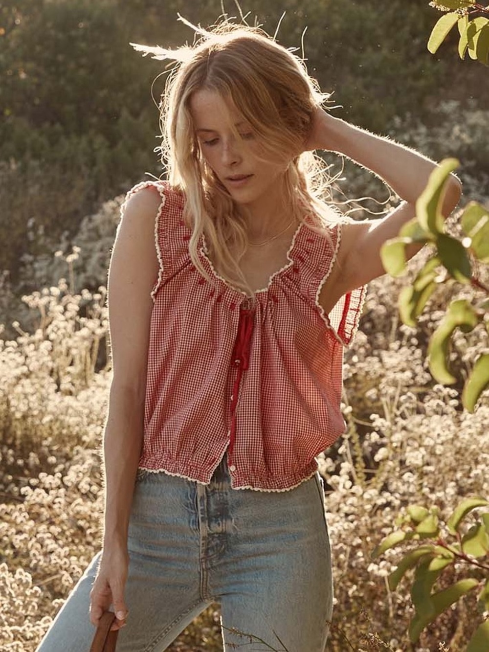 DOEN Cerise Paris Gingham Traveler Top S